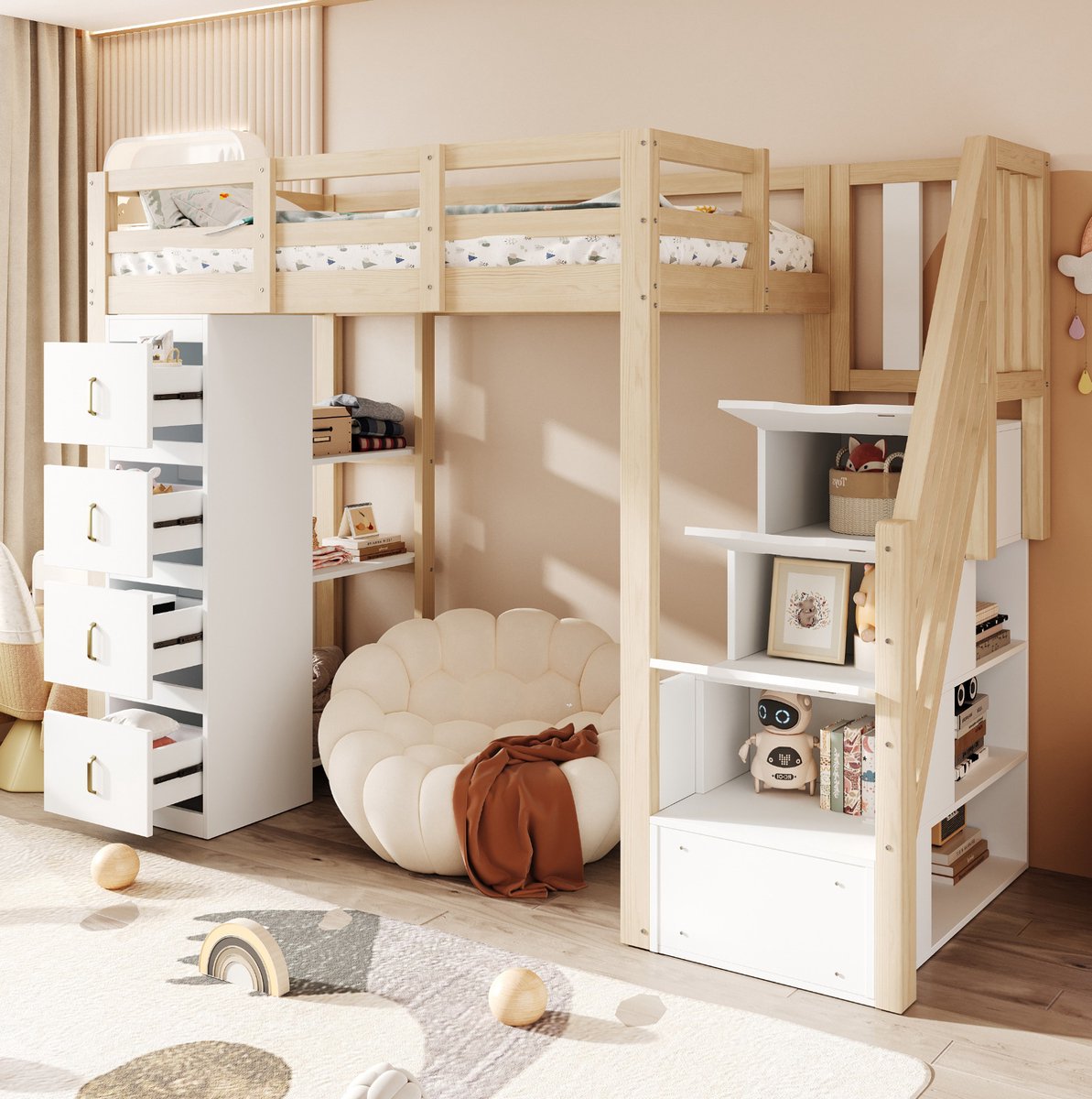 COVREO Hoogslaper 90x200 cm - met 4 opberglades, 3-vaks rek en veiligheidsladder, houtkleur Naturel hout