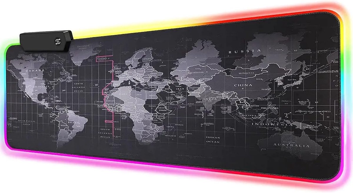 Thijox - RGB Gaming Muismat Met Wereldkaart - LED Bureauonderlegger Met Verlichtingsmodi, Multi Color, Grote Tafelonderlegger Voor PC Gamer, Gaming Ac