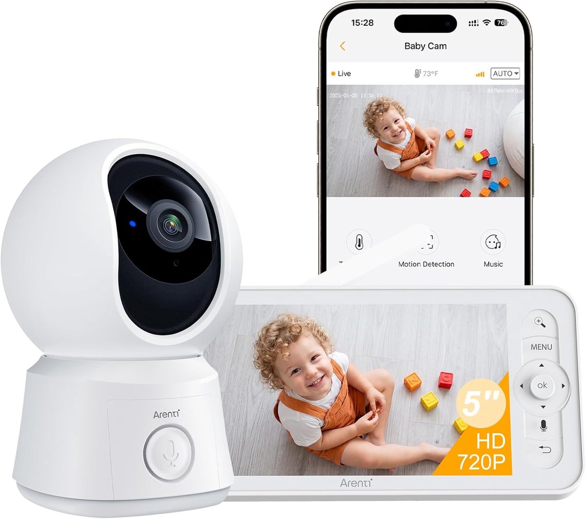 Thijox - ARENTI 1080p PTZ Video-Babyfoon met Camera, 5 Inch Display, Temperatuursensor, 2-Weg Audio, Nachtzicht, Slaapliedjes, en Automatische Trackin