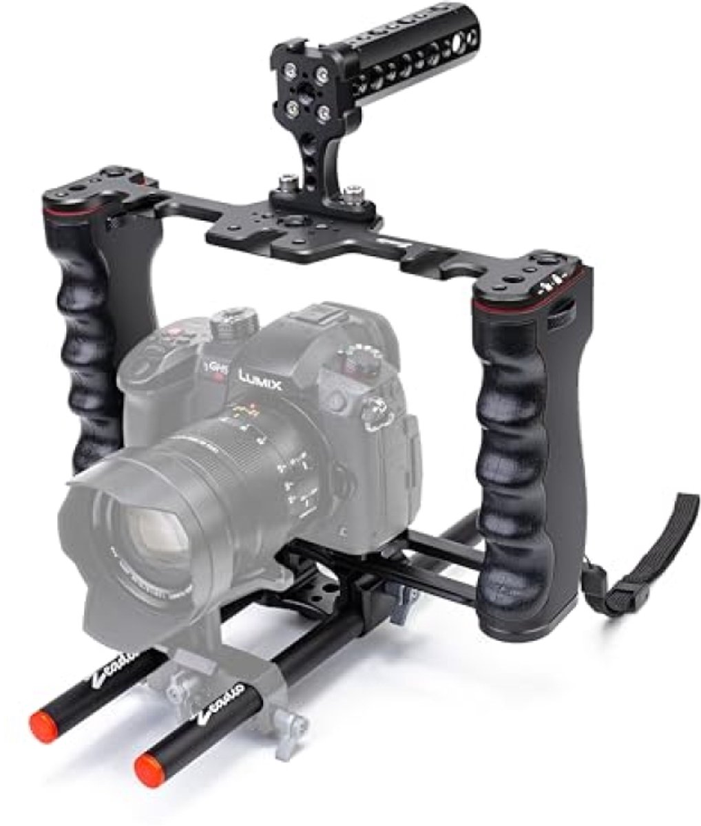 PromoHome Camera Rig Cage - Aluminium Filmmaking Kit met Top Handgreep, Arca Type Base en 15mm Staafgeleiders - voor DSLR en Camcorder