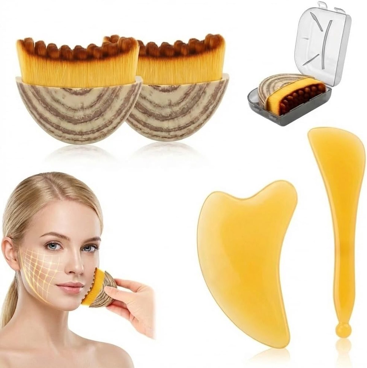 Thijox - 4 Stuks Lymfatische Gezichtsborstel Set voor Gevoelige Huid - Contour Borstels, Alpenvezel, Bruin, Inclusief Beauty-Board en Gezichtsmassages
