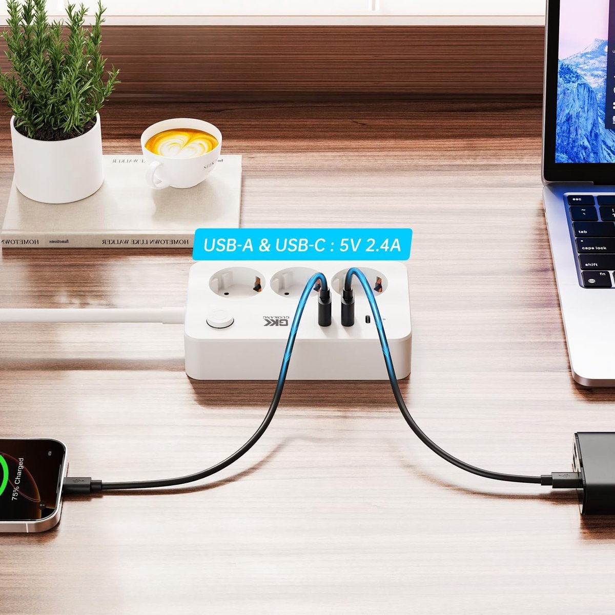 SnelShoppen - 3-Weg Stekkerdoos met Overspanningsbeveiliging, Meerdere Stopcontacten, 2 USB-A, 1 Type C, Schakelaar, 1.8 m Kabel, Ideaal voor Thuis en