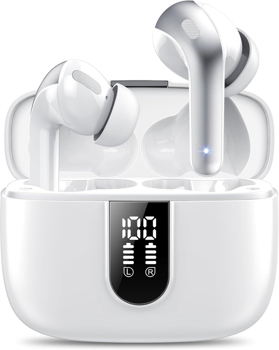 Thijox - Draadloze Oordopjes Bluetooth 5.3 met 4 ENC Microfoons, 50 Uur Speeltijd, IPX7 Waterdicht, Bass Versie 2.0, Classic Wit, Ideaal voor Sport en