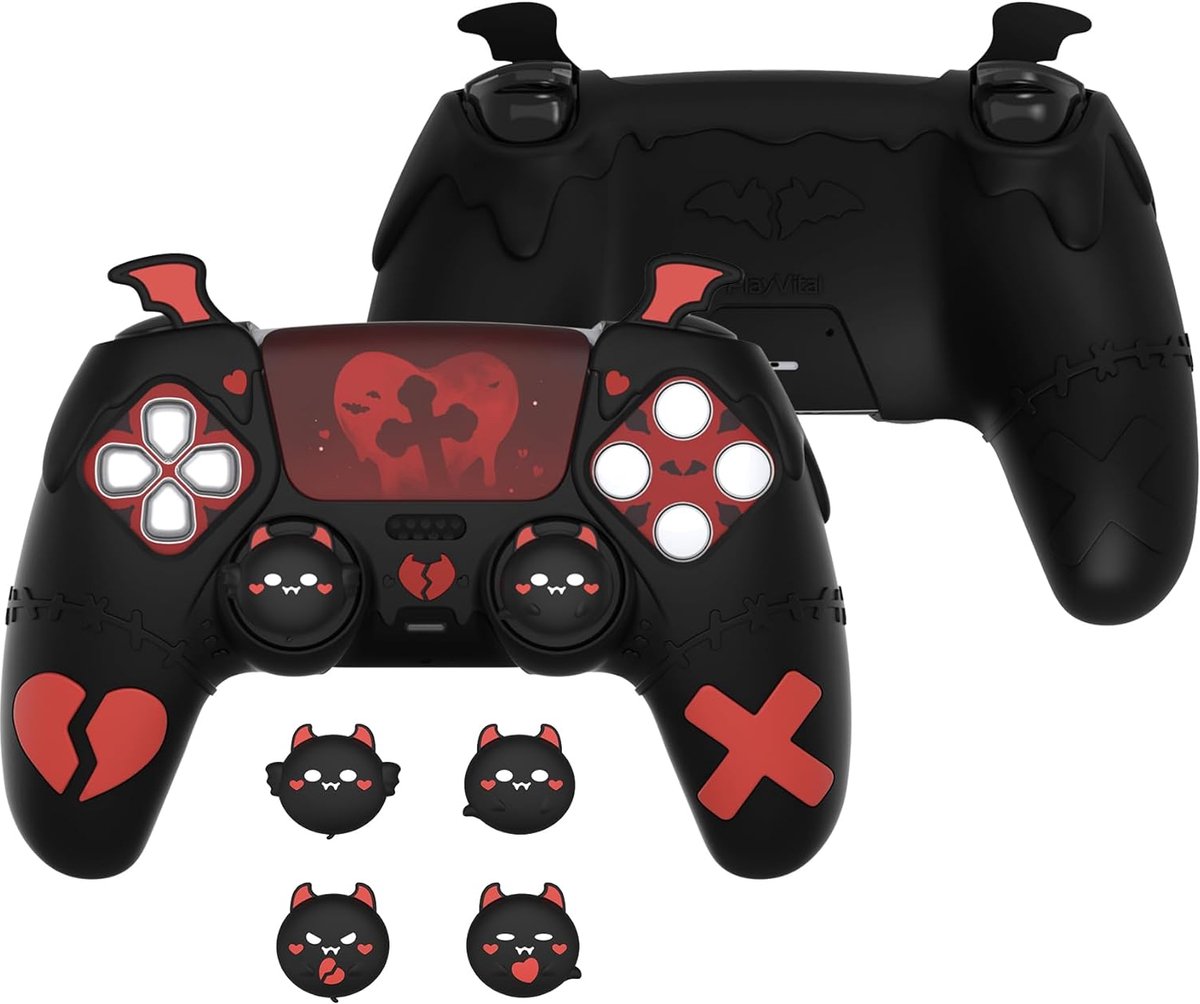 SnelShoppen - Cute Silicone Case voor PS5 Controller met 4 Inch Grips, 6 Stickers, Non-slip Zwart, Perfecte Pasvorm voor PS5 Oplaaddock, Gothic Design