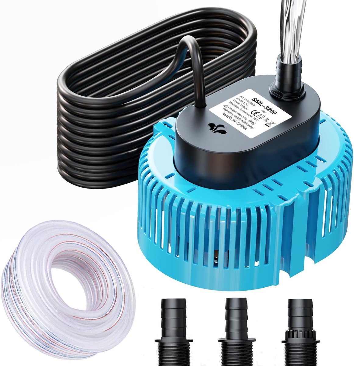 SnelShoppen - Submersible Pomp 75W - Vuilwaterpomp 3000 l/h - Max. 3.20 m - Inclusief 5m Slang & 7.5m Stroomkabel - Platte Zuiging - 3 Adapters - Blau