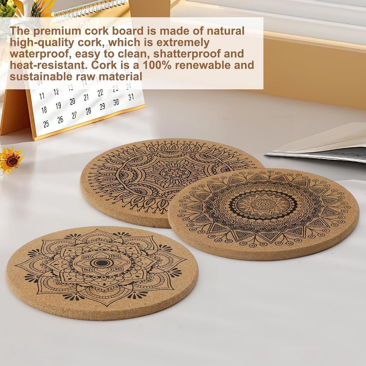 Thijox - Set van 2 ronde hittebestendige kurken onderzetters met mooie patronen, 19 cm diameter, ideaal voor potten, glazen, kommen en vazen in de keu