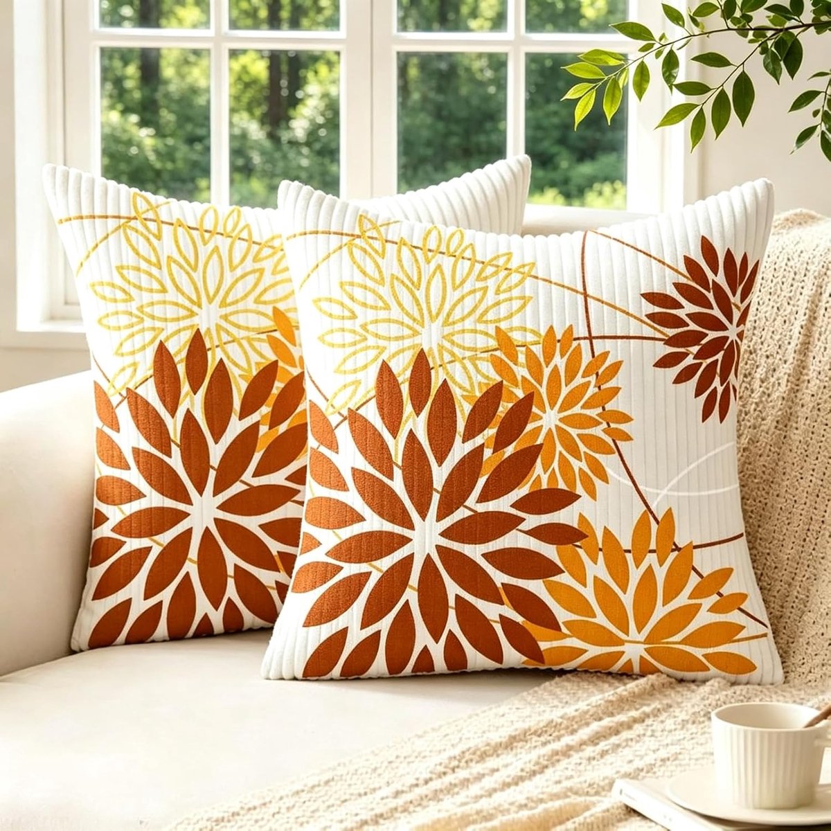 SnelShoppen - Set van 2 Corduroy Kussenslopen 40x40 cm Oranje Dahlia Elegante Kussenhoezen voor Woonkamer, Bank, Tuin - Moderne Bloemen, Abstract, Zac