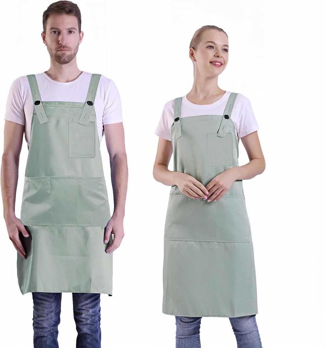 SnelShoppen - Verstelbaar H Rugstijl Schort voor Vrouwen en Mannen, Comfortabel Keukenschort met Zak, Gemaakt van Slijtvaste Stof, Gossamer Green, Gro
