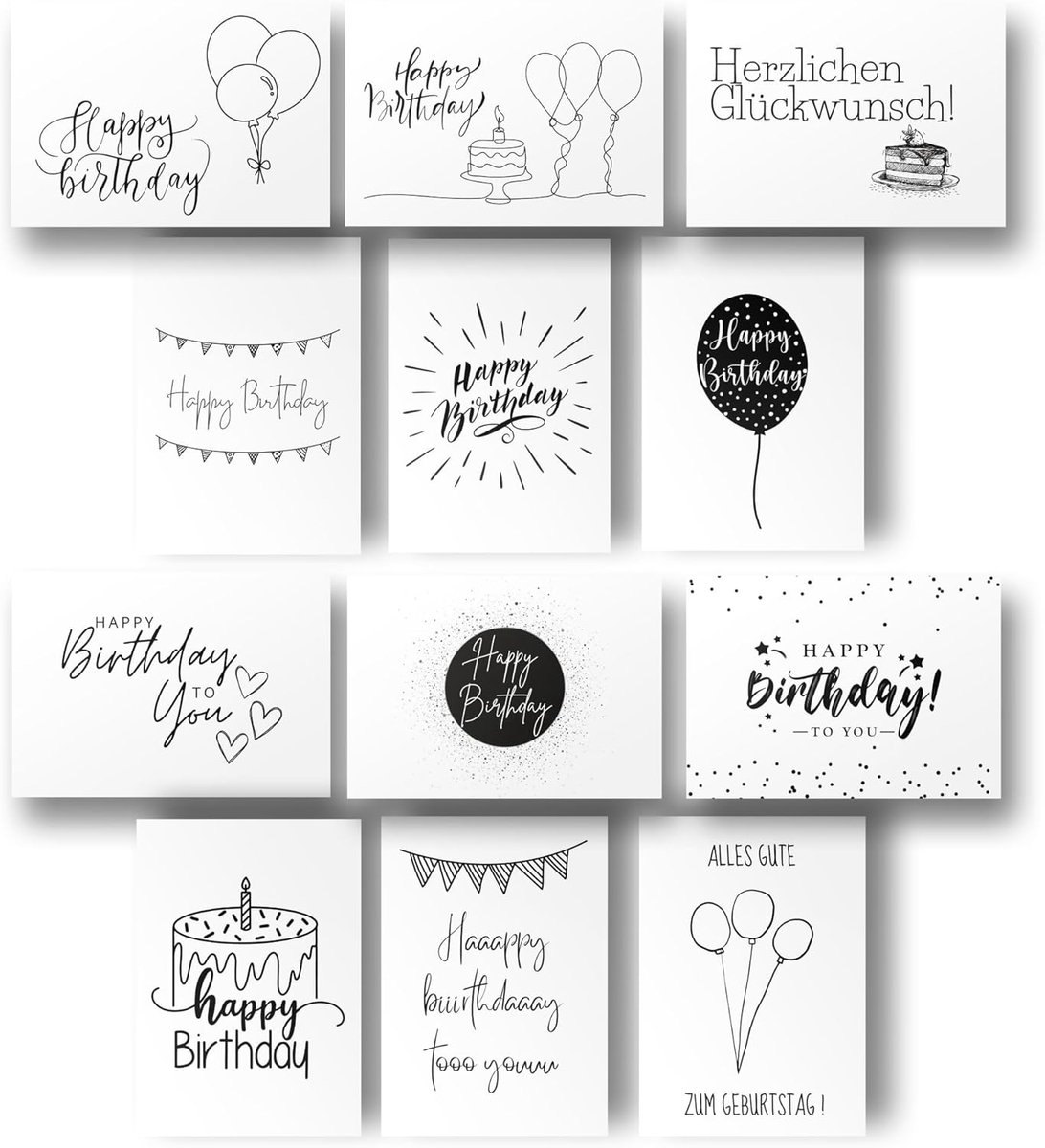 SnelShoppen - 12 x Stylish Verjaardagskaarten A6 Formaat | Zwart-Witte Vouwkaarten met Hoogwaardige Enveloppen voor Feesten en Verjaardagen