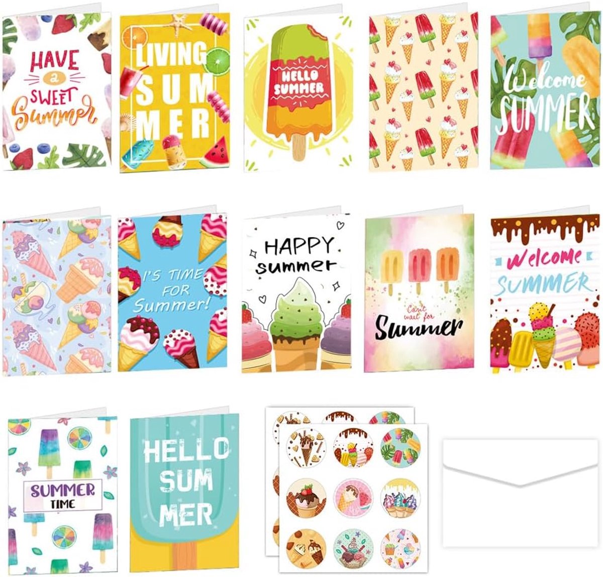SnelShoppen - Summer Party Invitations - 12 Stuks - Leuke IJsjes Thema Uitnodigingen met Enveloppen en Stickers voor Verjaardagsfeest, Bruiloft, Kinde