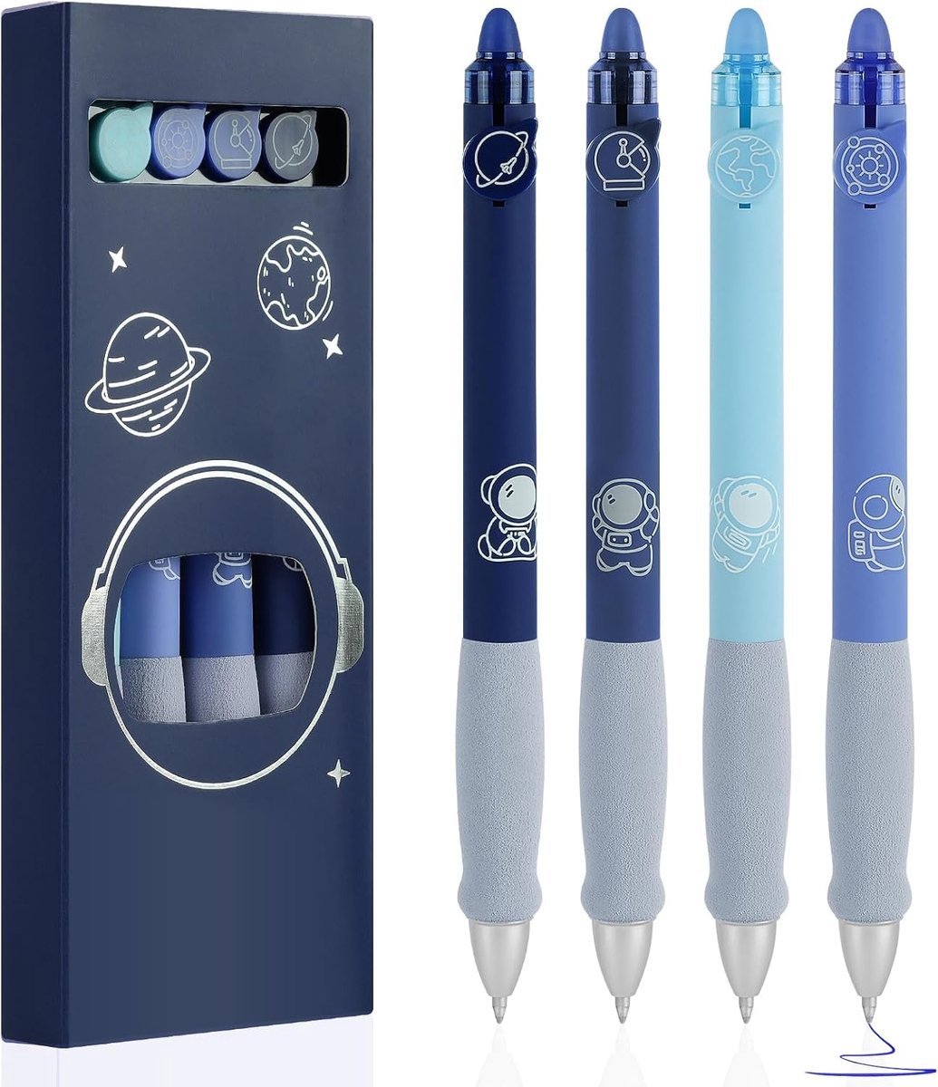 SnelShoppen - Erasable Gel Pen Set - 4x Blauwe Schrijfpen met Gum - 0.5mm - Cartoon Beer Ontwerp - Ideaal voor Kinderen en Studenten - School en Kanto