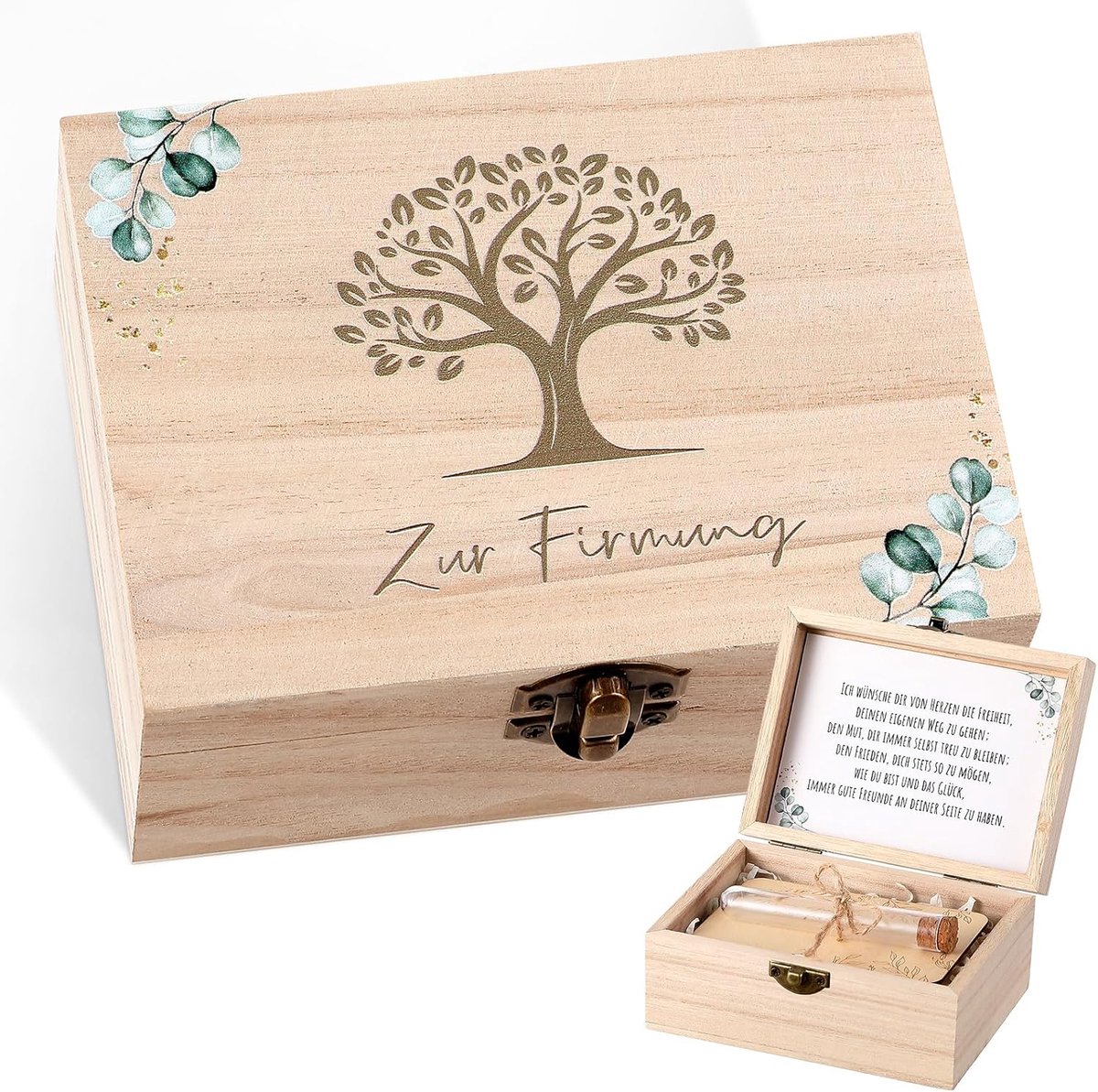 SnelShoppen - Set van 4 Cadeauset voor Bevestiging met Geld Houten Doos, Eucalyptusbladeren, Reageerbuis, Wenskaart en Raffiagras - Perfect voor Feest