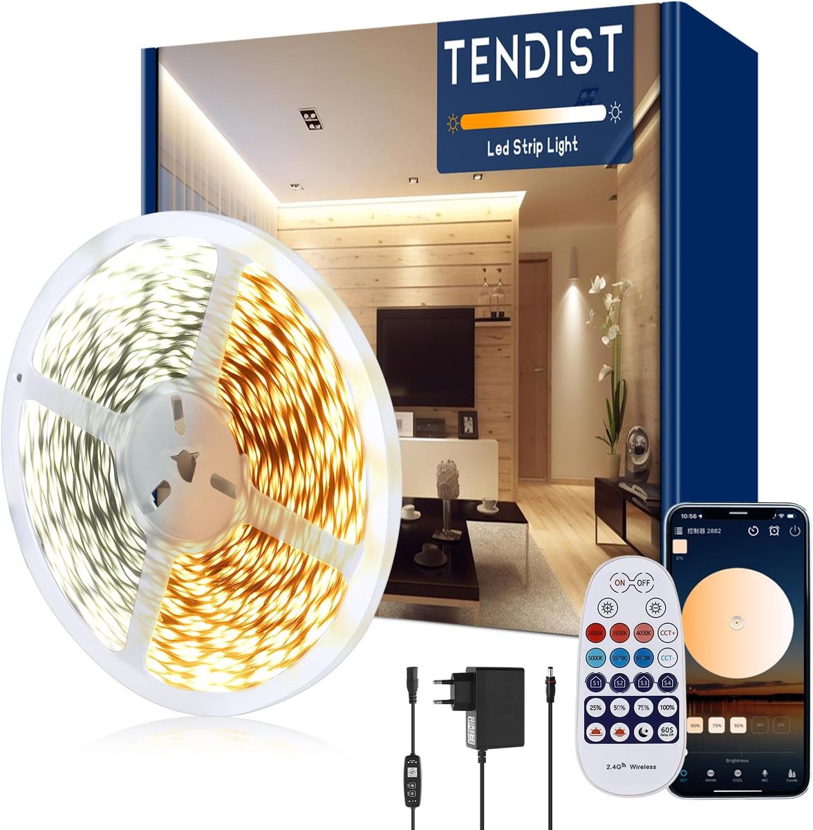 SnelShoppen - LED Strip 10 m Koud Wit 3000K-6500K Warm Wit LED 24V Zelfklevend met Afstandsbediening en Slimme App voor Binnen Decoratie