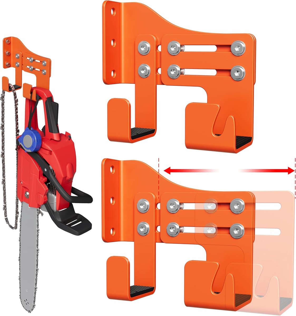 SnelShoppen - Chainsaw Holder Wandmontage, Verstelbare Kettingzaag Haak met Dubbele Haken, Antislip Beschermpad, Roestbestendige Coating voor Garage e