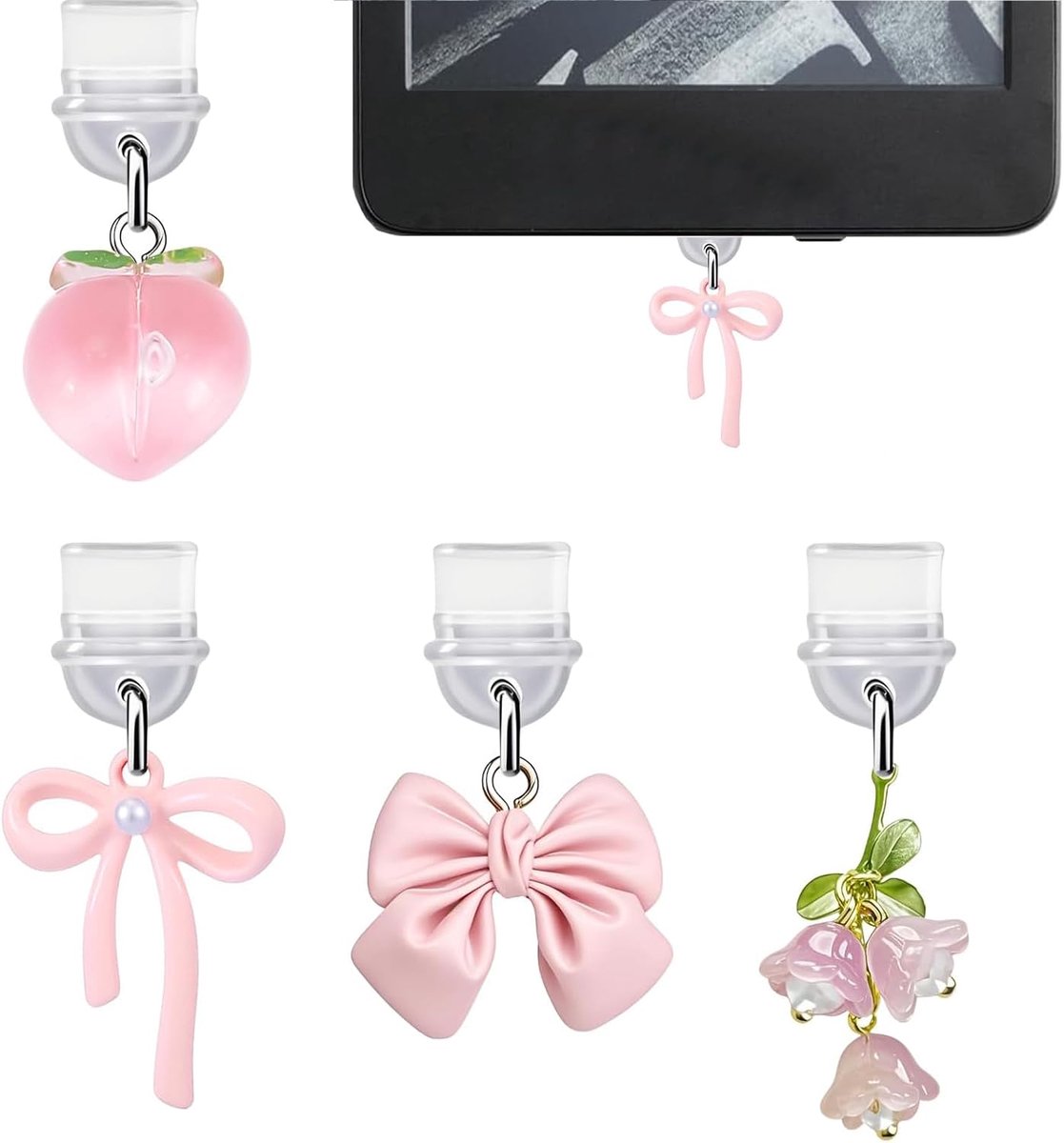 SnelShoppen - VelvetGlow 4 Stuks Charms voor Kindle en Smartphones, Roze Strik Dust Plug Charm, USB-C Compatibel, Perfect voor E-Readers, Telefoons, i