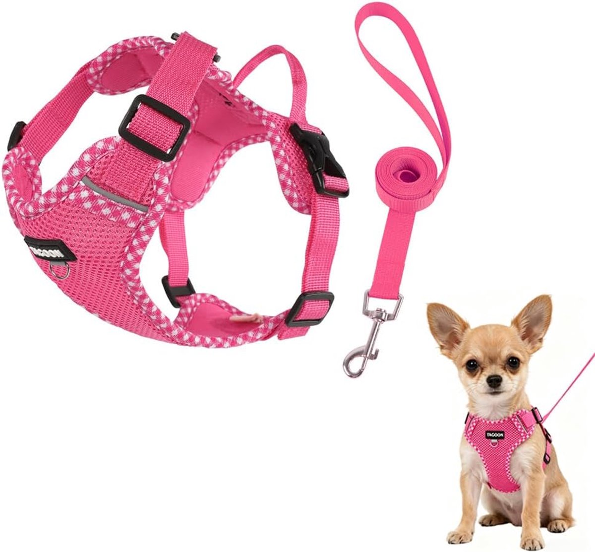 SnelShoppen - Set met hondenharnas en riem voor kleine puppy's, zacht en ademend, verstelbaar, ontsnappingsbestendig, roze, met tractie-D-ring en hand