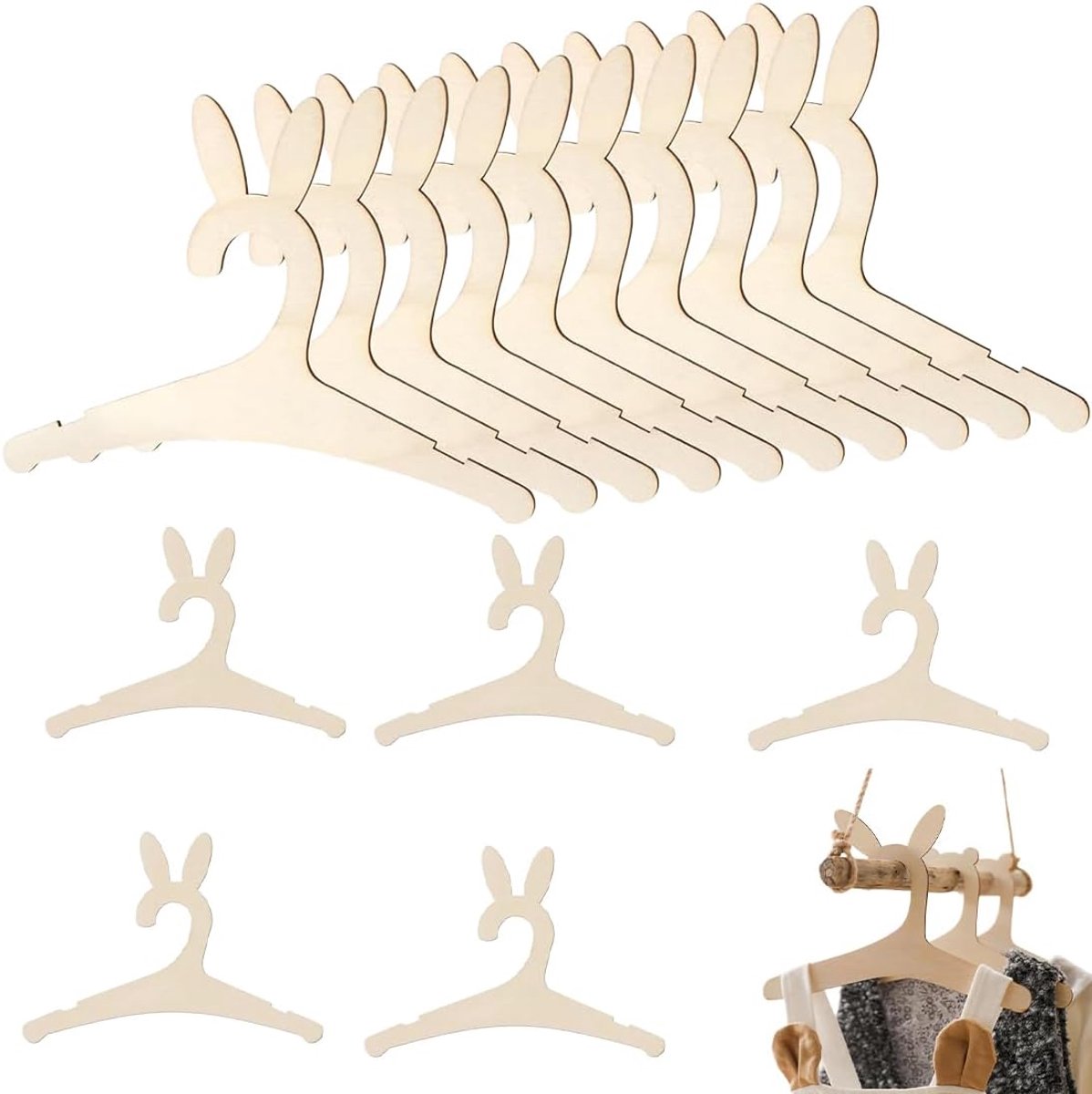 SnelShoppen - Pack van 15 Houten Kinder Kledinghangers met Groef, Unisex voor Baby's, Rabbit Ears Design, Veilig Natuurlijk Hout, 15.5 x 22.5 cm, Perf