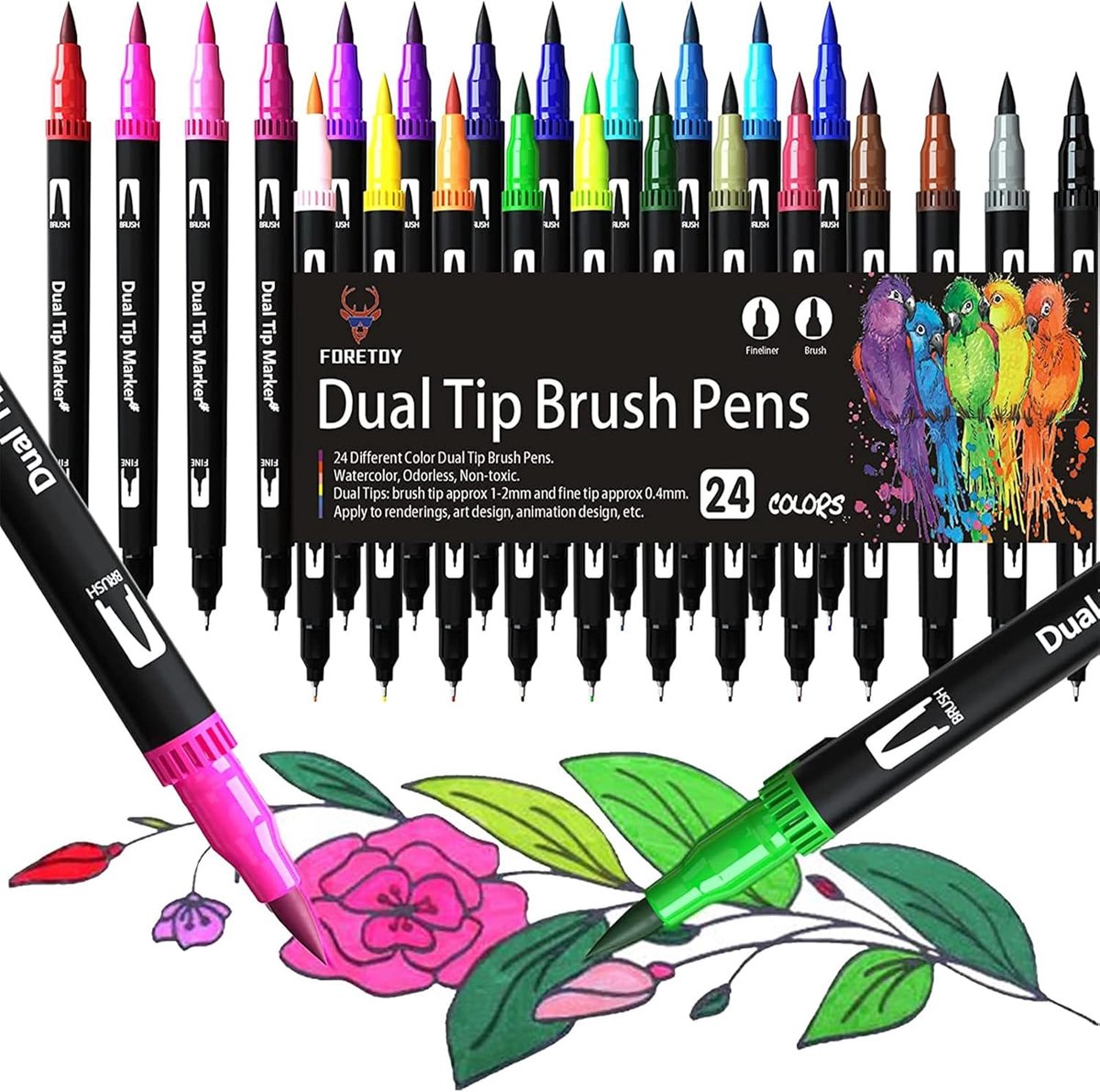 SnelShoppen - Dual Brush Pen Set 24 Kleuren Dubbele Viltstiften Watercolor Pens voor Bullet Journal, Calligrafie, Manga Comics, Brush Tips & Fineliner