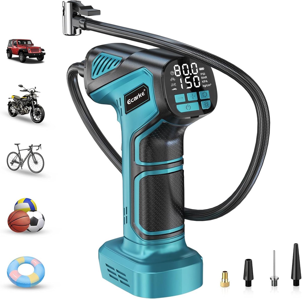 SnelShoppen - Draagbare Accu Compressor 18V met Digitale Display en Verlengslang - Ideaal voor Auto, Fiets, Motor, Ballen - 10 Bar