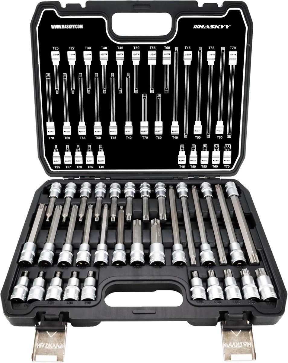 Thijox - 32 stuks Torx Dopsleutelset T25-T80 - Inwendige Doppen Bits Gereedschap voor Motorreparaties, Hoogwaardige Kwaliteit, Duurzaam en Betrouwbaar