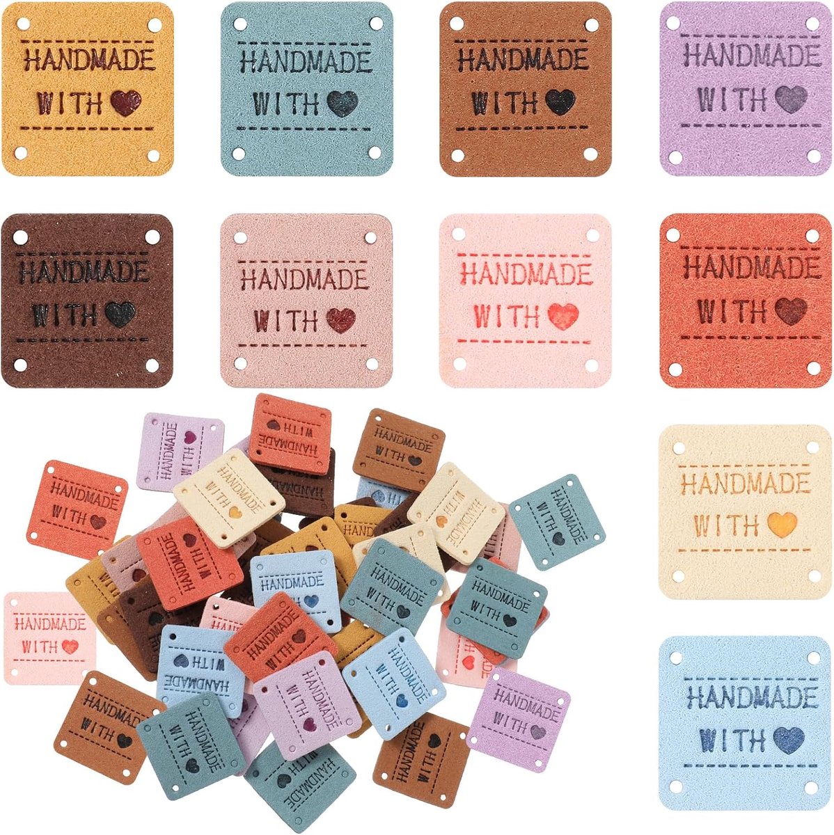 SnelShoppen - Pack van 50 Leerlabels voor Haak- en Breiwerk, Geëmbosseerde 'Made with Love' Labels, Handgemaakte Naaimarkeringen, Knutselaccessoires v