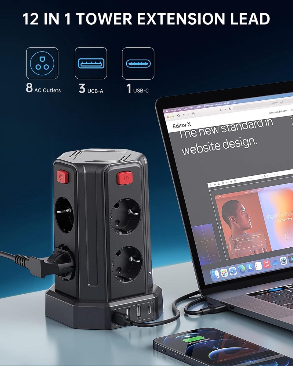 Thijox - Stekkerdoos met 4 USB, 8-voudig Stopcontact, Overspanningsbeveiliging, Meervoudige Stekker voor Thuis en Kantoor, 3m Verlengkabel, Ruimtebesp