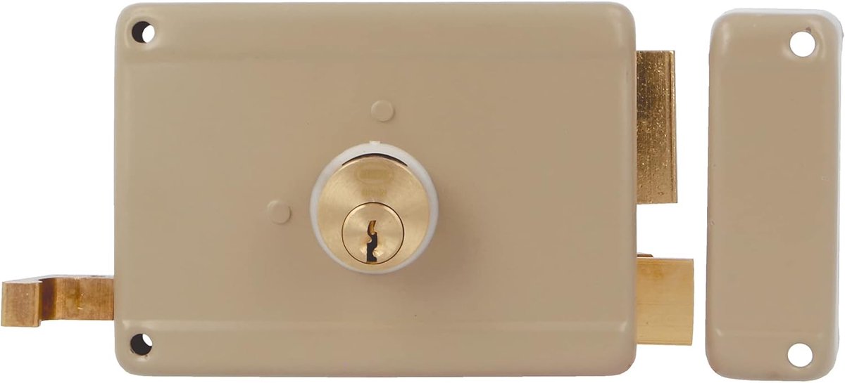 SnelShoppen - Linkshandige Opbouwslot met Sluithevel, Grendel en Handgreep voor Houten Deuren 78-120x85mm - Beige Staal met Ronde Tanden Cilinder