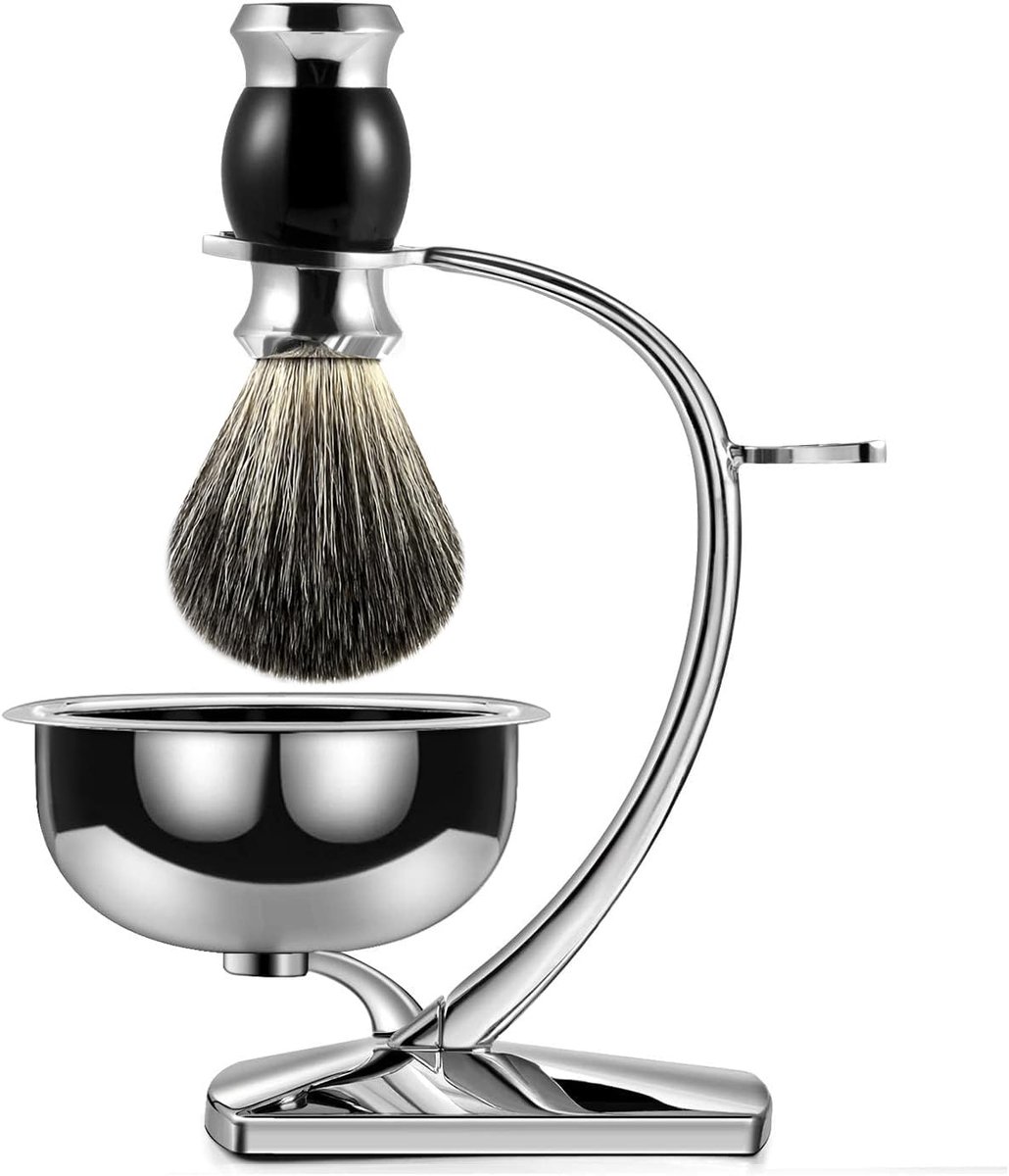 SnelShoppen - 3-in-1 Mannen Scheerset met Scheerkwast, Imitatie Berenhaar, RVS Scheerhouder, RVS Scheerkom, Compatibel met Veiligheidsmes, Perfect voo
