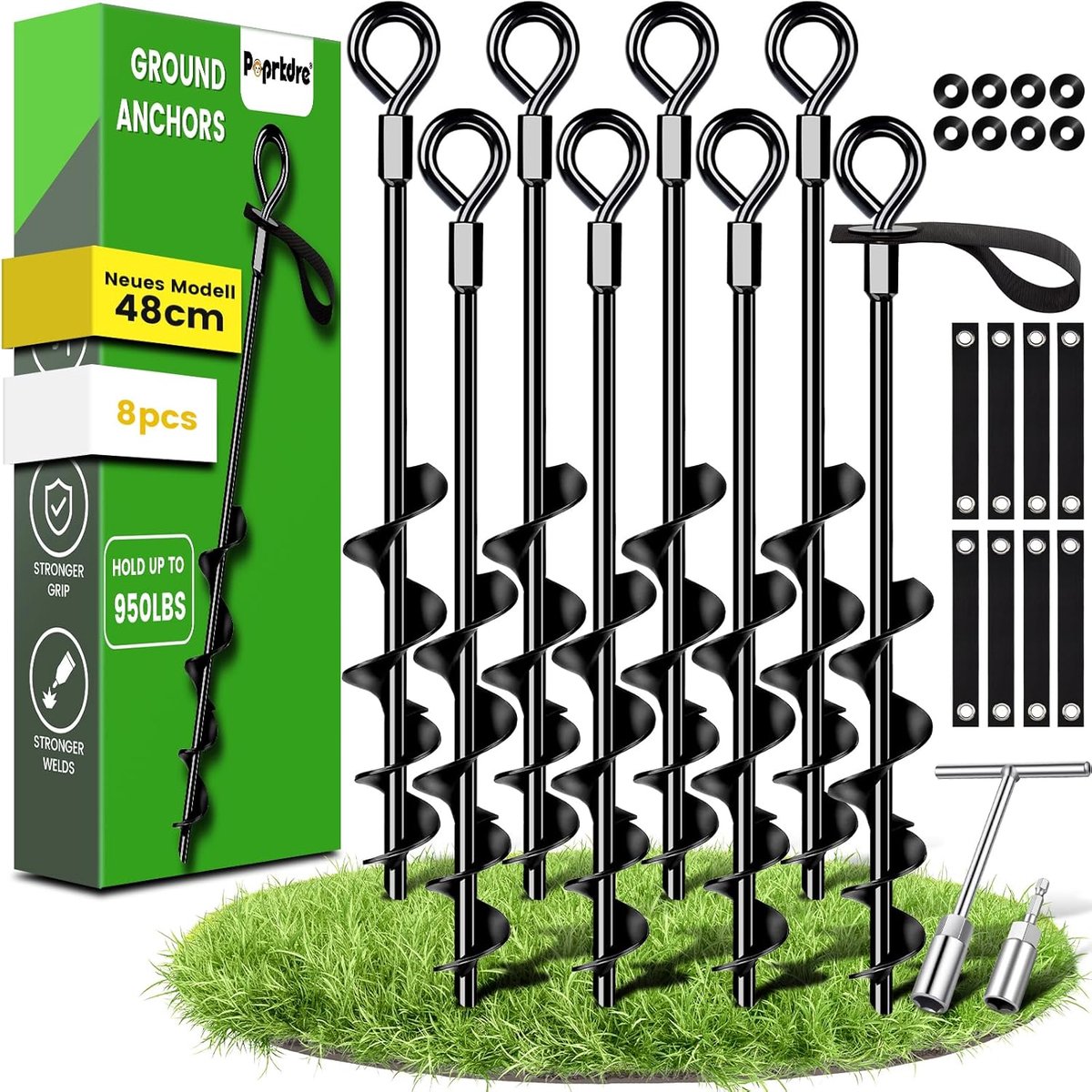 SnelShoppen - Ground Anchors 48 cm Set van 8 met Duurzame Straps - Grondankers voor Tent, Schommels, Luifels - Bijzonder Stabiliteit en Eenvoudige Ins