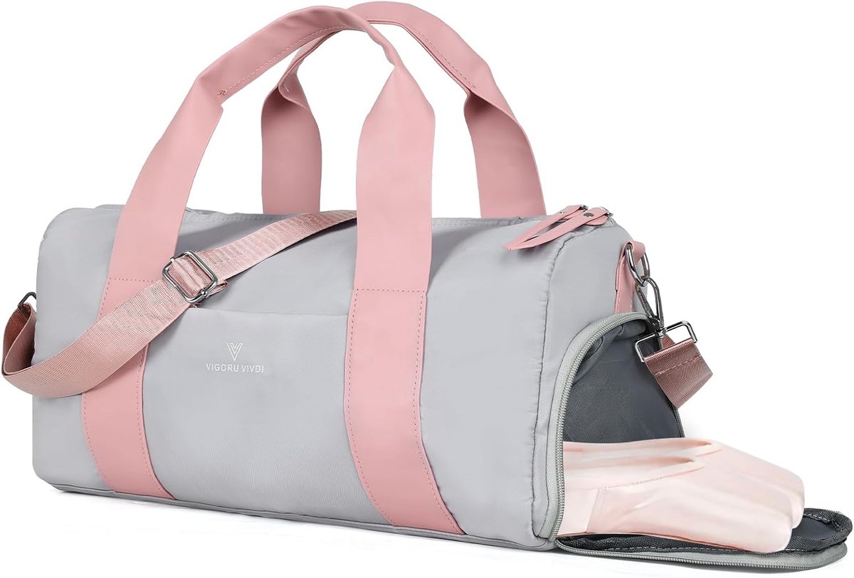 SnelShoppen - Kleine Schattige Gymtas voor Vrouwen, Lichtgewicht Sport Plunjezak met Natte Zak en Schoenenvak, 15L Grijs-Roze, Ideaal voor Fitness, Yo