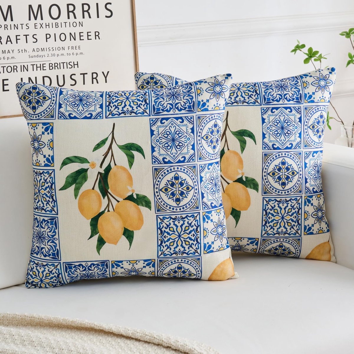 SnelShoppen - Cushion Covers voor Sofa 40 x 40 cm - Wasbare Polyester Kussenhoezen met Citroenprint - Bohemian Kussenhoezen voor Woonkamer, Balkon, Tu