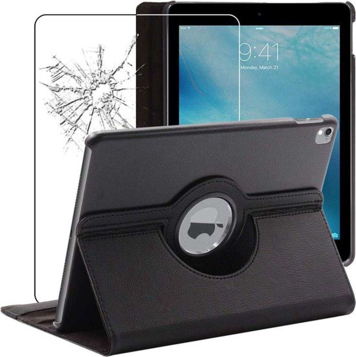 ebestStar - Hoes geschikt voor iPad Pro 9.7 (2016) Apple, Roterende Etui, Case, 360° Draaibaar hoesje, Zwart + Gehard Glas