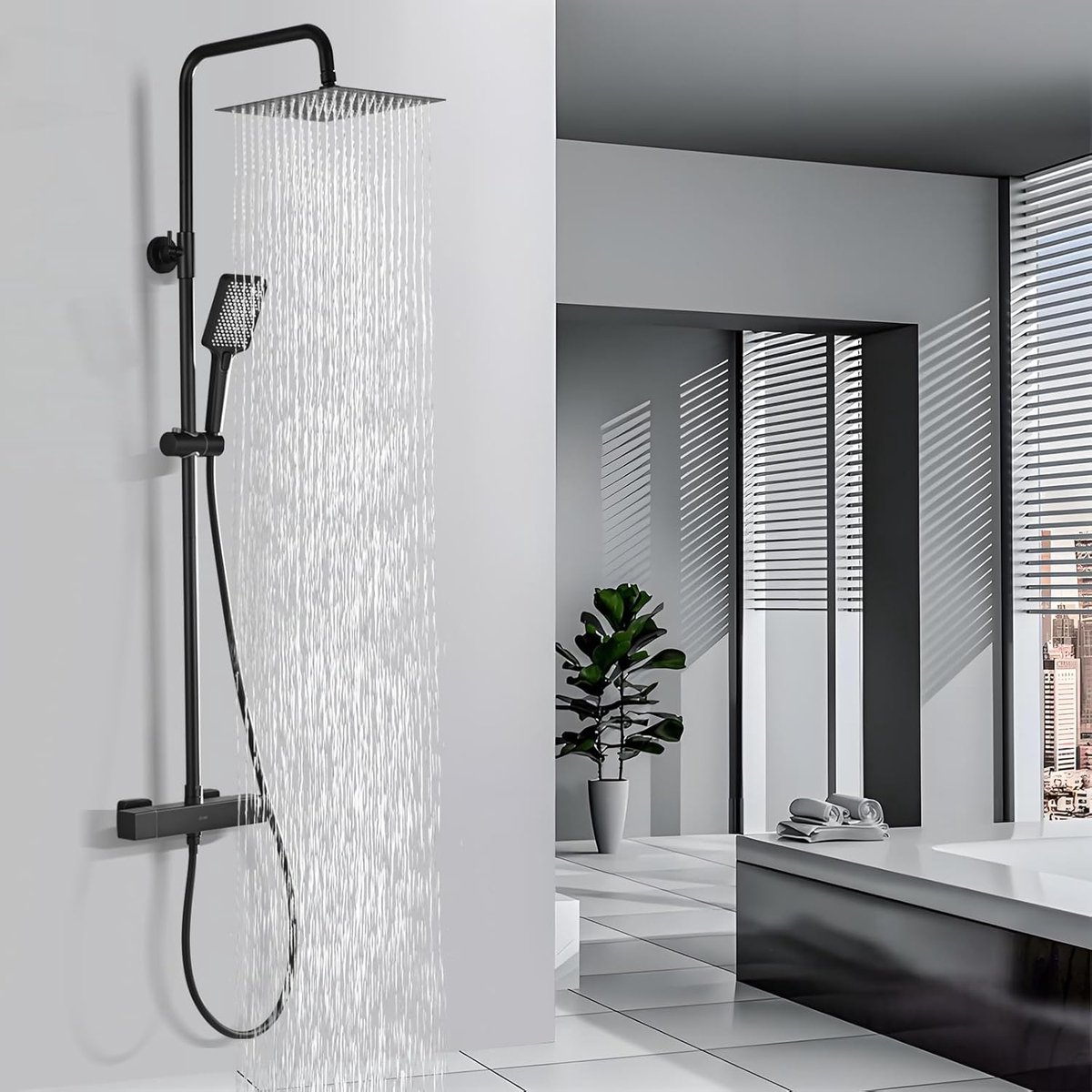 Thijox - Douchesysteem met Thermostaat Zwart, Roestvrijstalen Douchearmatuur, Complete Set met 25 cm Vierkante Regendouche, 3 Straalsoorten Handdouche