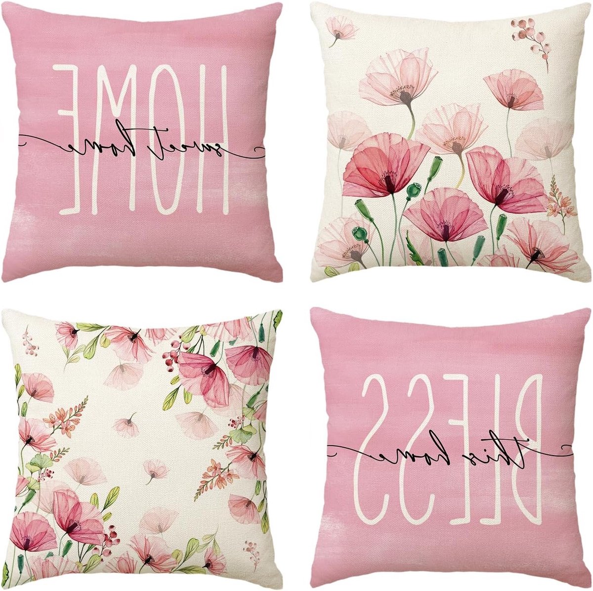 Set van 4 Kussenhoezen met Poppies en Bladeren, 45 x 45 cm, Decoratie voor Woonkamer en Sofa, Perfect voor Lente en Thuisgevoel