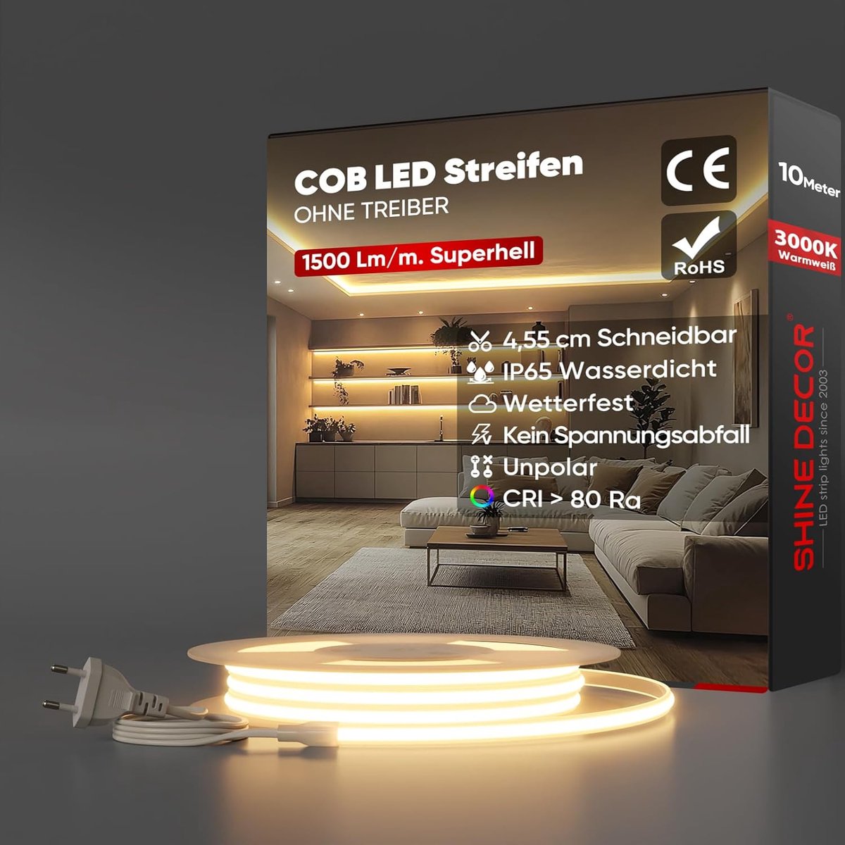 SnelShoppen - LED Strip 10m Warm Wit SMD2025 IP65 Waterproof 286 LEDs/m Ultra Helder voor Keuken Tuin Verlichting - CE Gecertificeerd