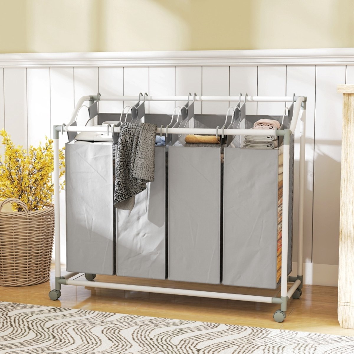 COVREO Wassorteerder 97x38x81 cm - 4 vakken, 160 L, uitneembare waszakken, met wielen, grijs