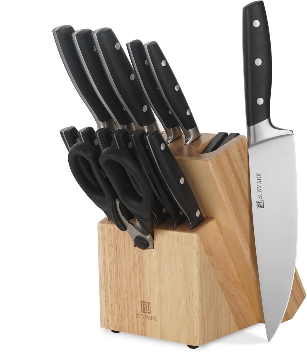 SnelShoppen - Professioneel Keukenmes Set, 13-delige Messenset met Blok en Slijper, Ultra-scherpe Koksmes Set, Ergonomisch Ontwerp, Elegant Zwart, Ide
