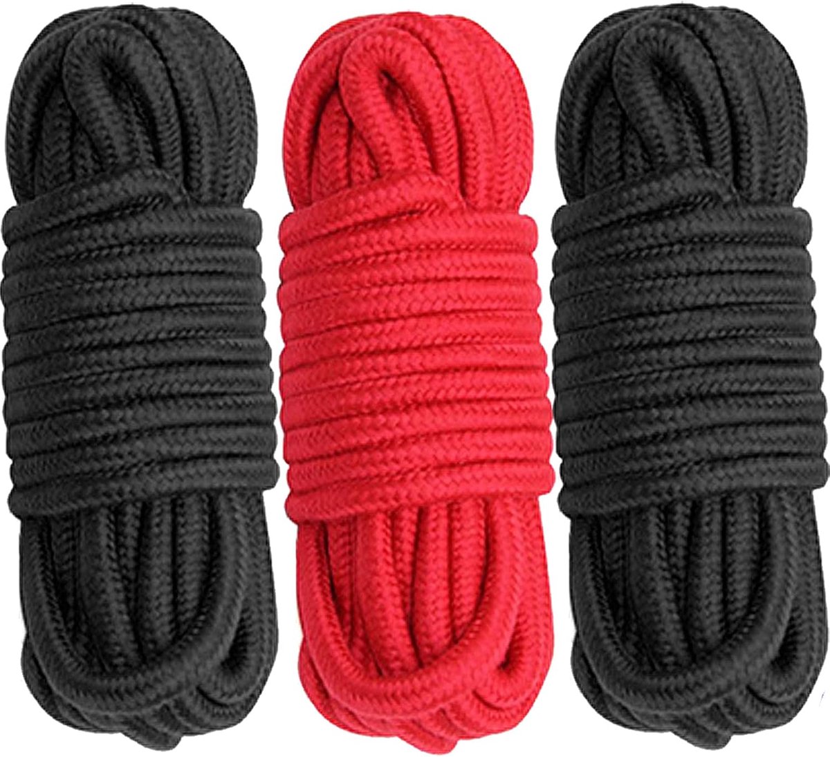 SnelShoppen - Soft Cotton Rope All Purpose Rope 8mm Dikte, 10m Lang, 3 Rollen (1 Rood, 2 Zwart) - Ideaal voor Tuin, Camping, Feest en Creatieve Projec