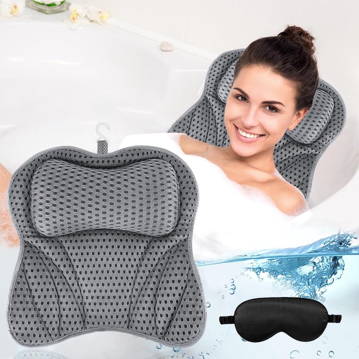 SnelShoppen - Ergonomisch Badkussen met 4D Air-Mesh Technologie, 6 Zuignappen, Ondersteuning voor Hoofd, Nek, Rug en Schouders, Inclusief Zwart Oogmas