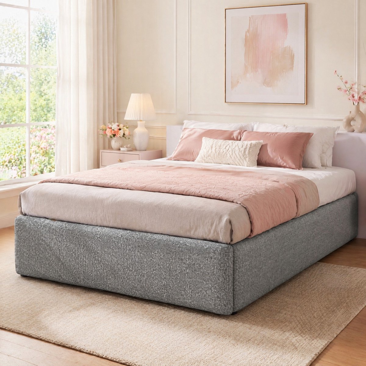 Gestoffeerd Bed 90x200 cm - Eenpersoonsbed Zonder Hoofdbord Met Hydraulische Opbergruimte En Lade - Zonder Matras - Stof - Grijs