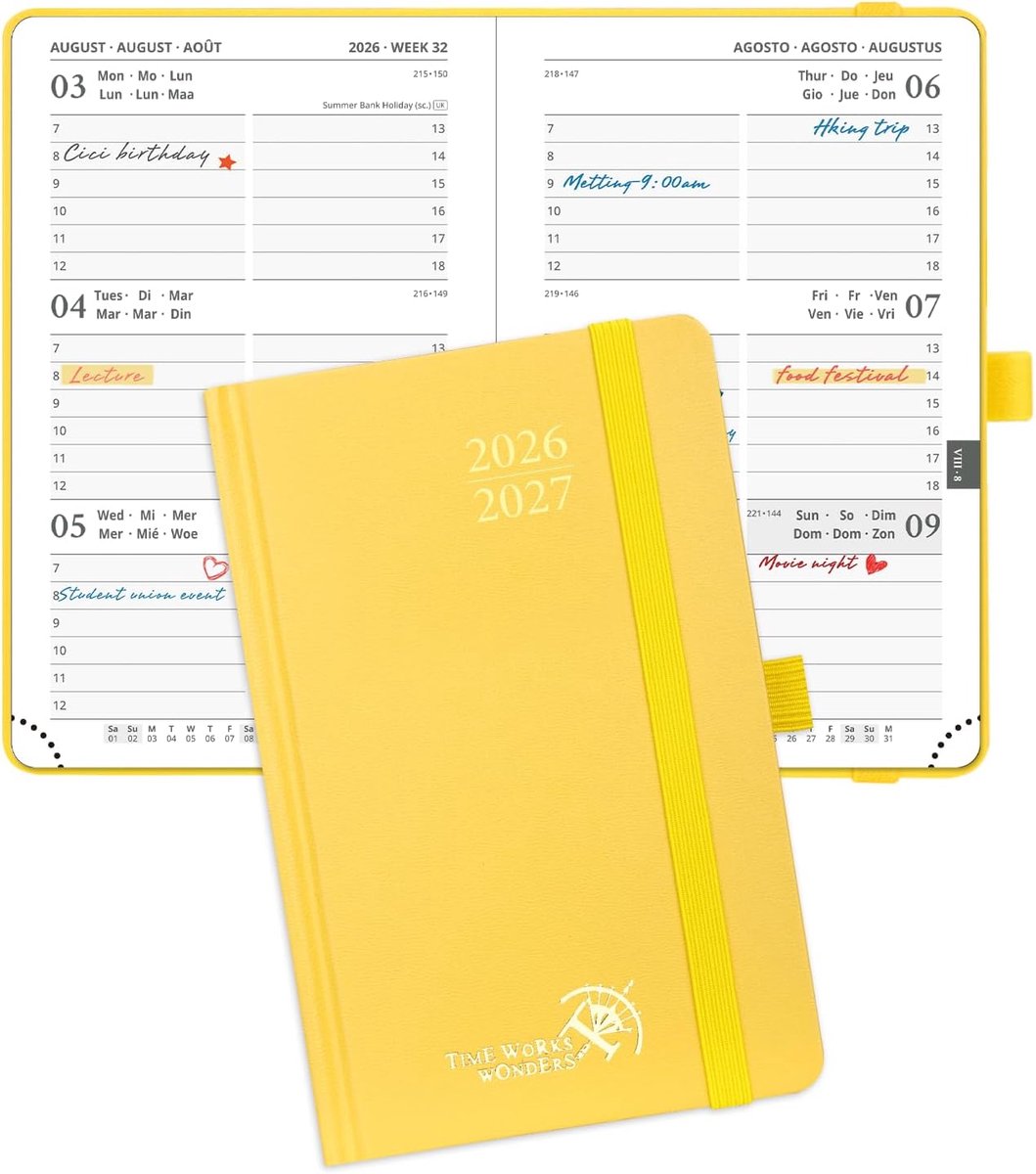 SnelShoppen - Pocket Agenda 2026 2027 - Kleine School Planner 17 Maanden - Hard Cover Lichtgeel - 16 x 10.5 cm met Uren Indeling - 80 GSM Papier