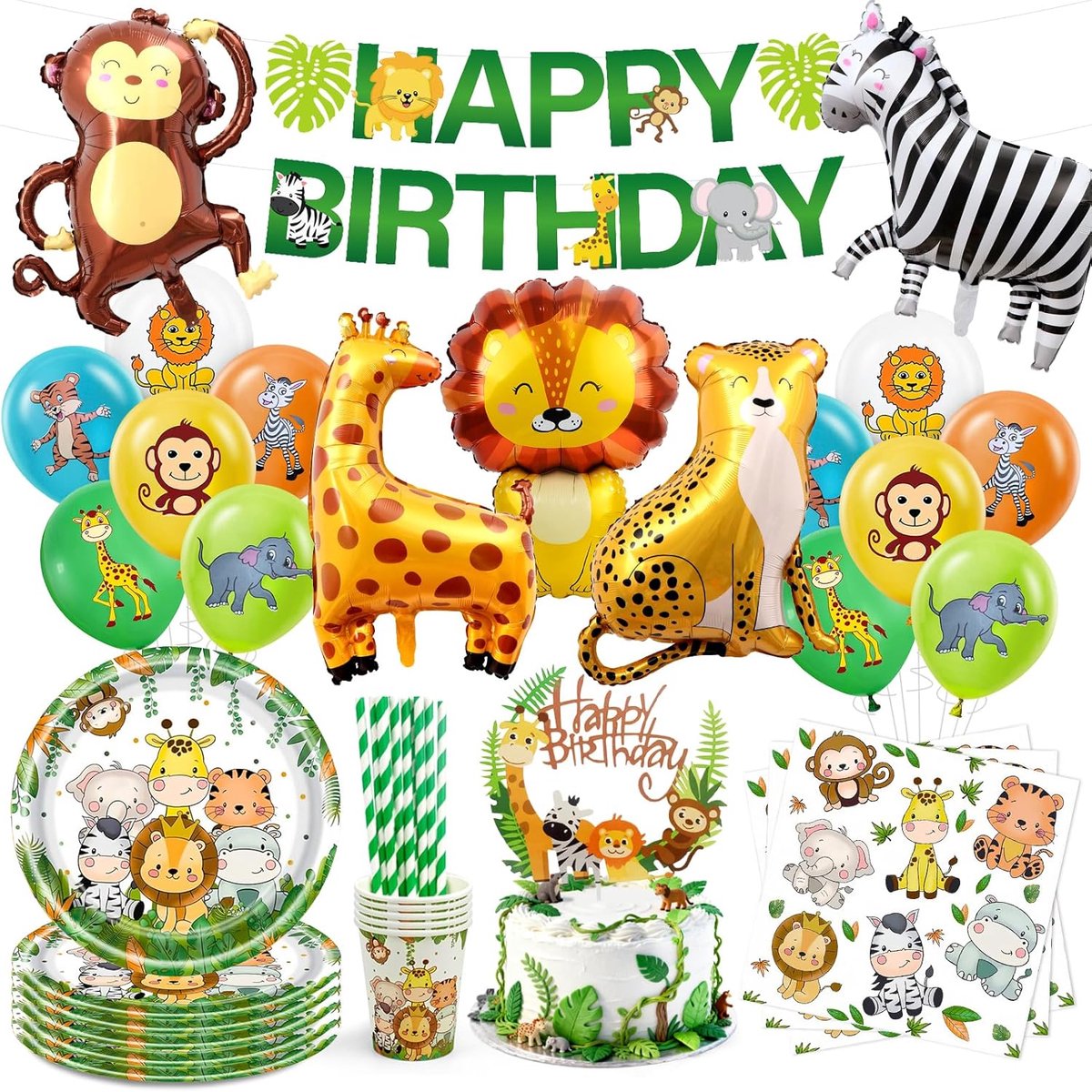 SnelShoppen - 99 Delige Jungle Safari Verjaardagsservies voor 20 Gasten, Dieren Papieren Borden, Bekers, Servetten, Ballonnen, Jungle Decoratie voor J