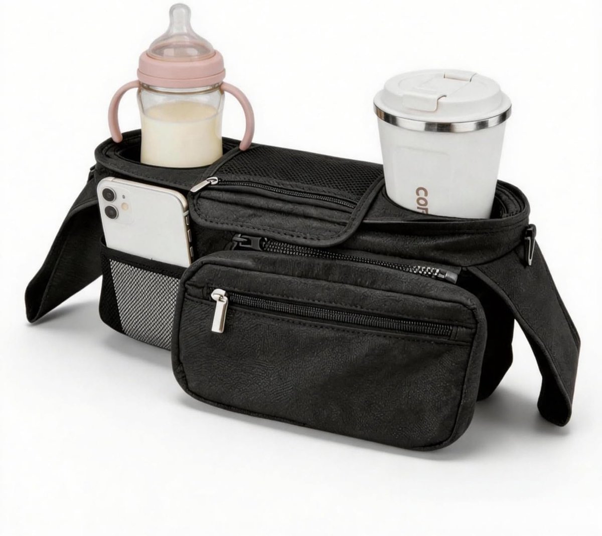 Thijox - Kinderwagen Organizer Universele met 2 Geïsoleerde Bekerhouders, Zwart | Waterdichte Buggy Organizer met Schouderriem voor Luiers, Speelgoed
