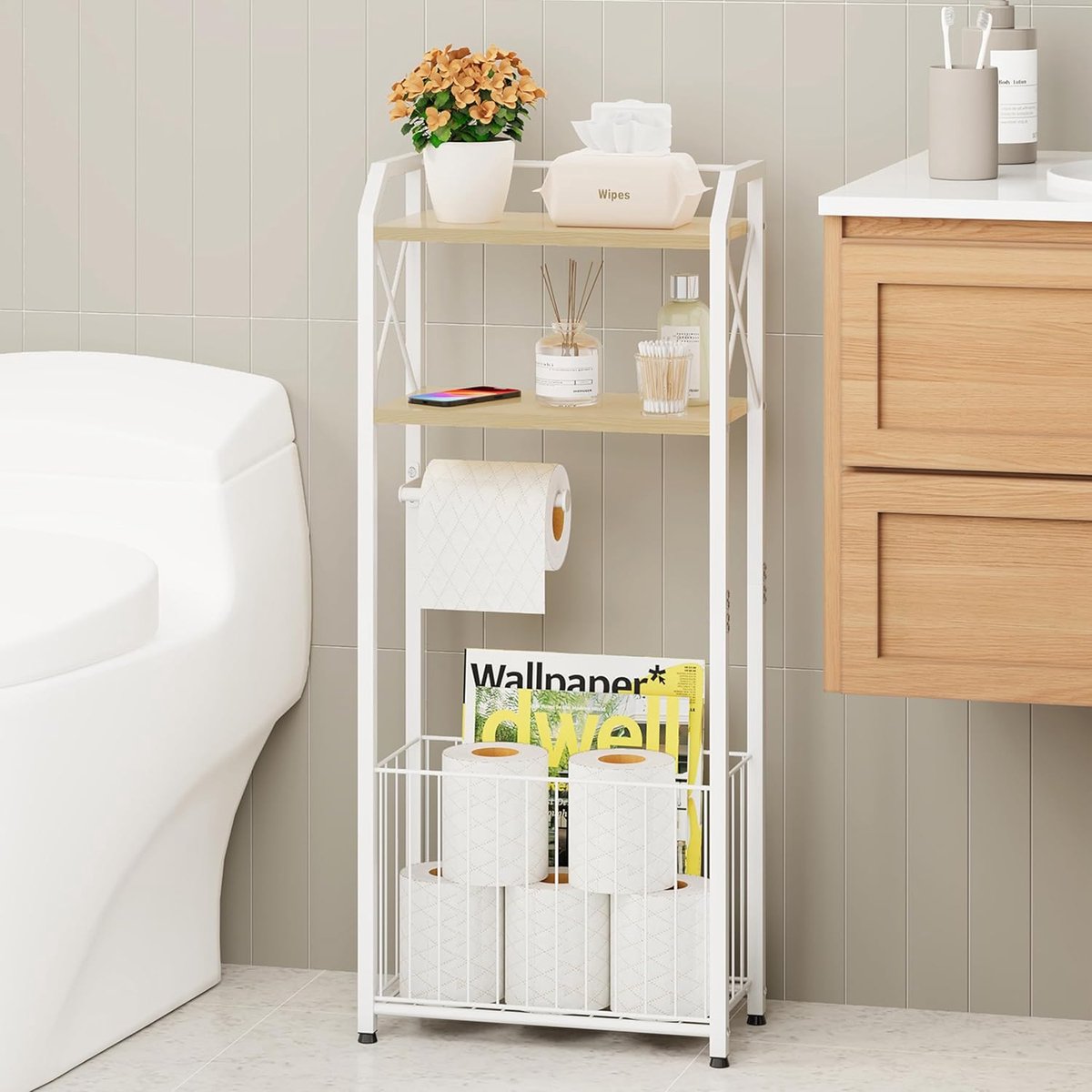 SnelShoppen - Staande Toiletpapierhouder met 4 Niveaus, Houten Planken en Grote Mand, Toiletrolhouder voor Badkamer, Keuken, Woonkamer, Modern Design
