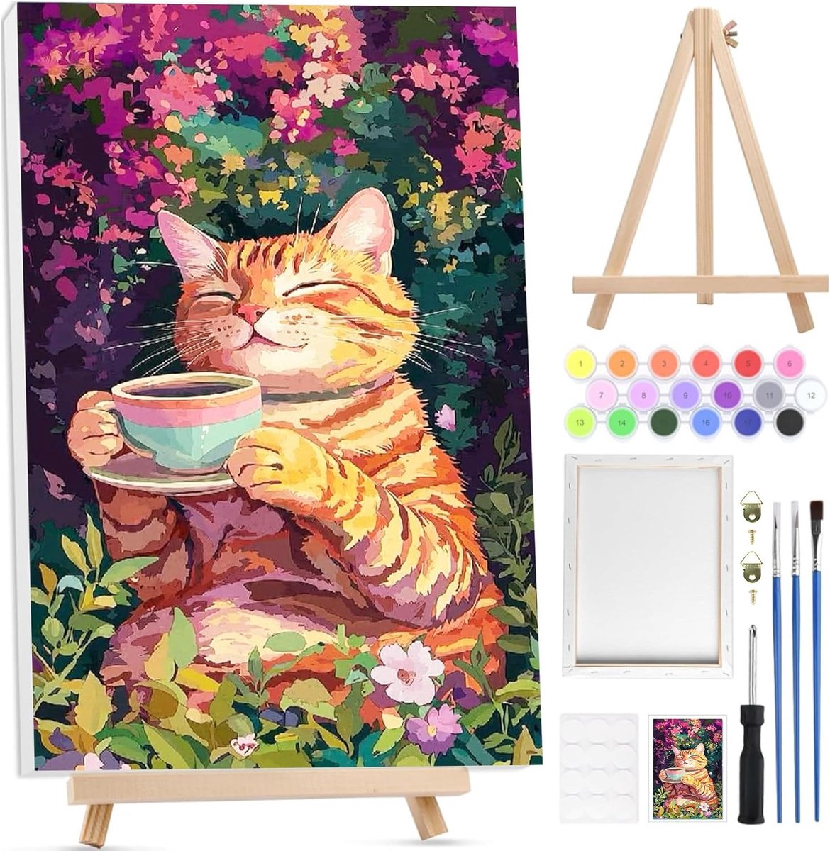 SnelShoppen - Schilderen op Nummer Set voor Volwassenen - Katten Schilderij met Houten Easel, 20x30 cm, Inclusief Acrylverf en Penselen, Creatieve Hob