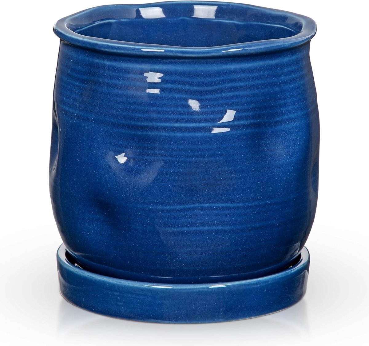 SnelShoppen - Decoratieve Keramische Plant Potten 14.5cm met Drainagegat en Schotel, Blauw, Voor Binnen, Perfect voor Cactussen en Succulenten
