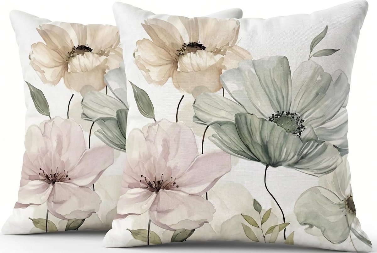 Set van 2 Kussenhoezen 40 x 40 cm, Abstracte Inktbloemen, Vintage Groene Decoratieve Kussens voor Bank, Tuin en Woonkamer