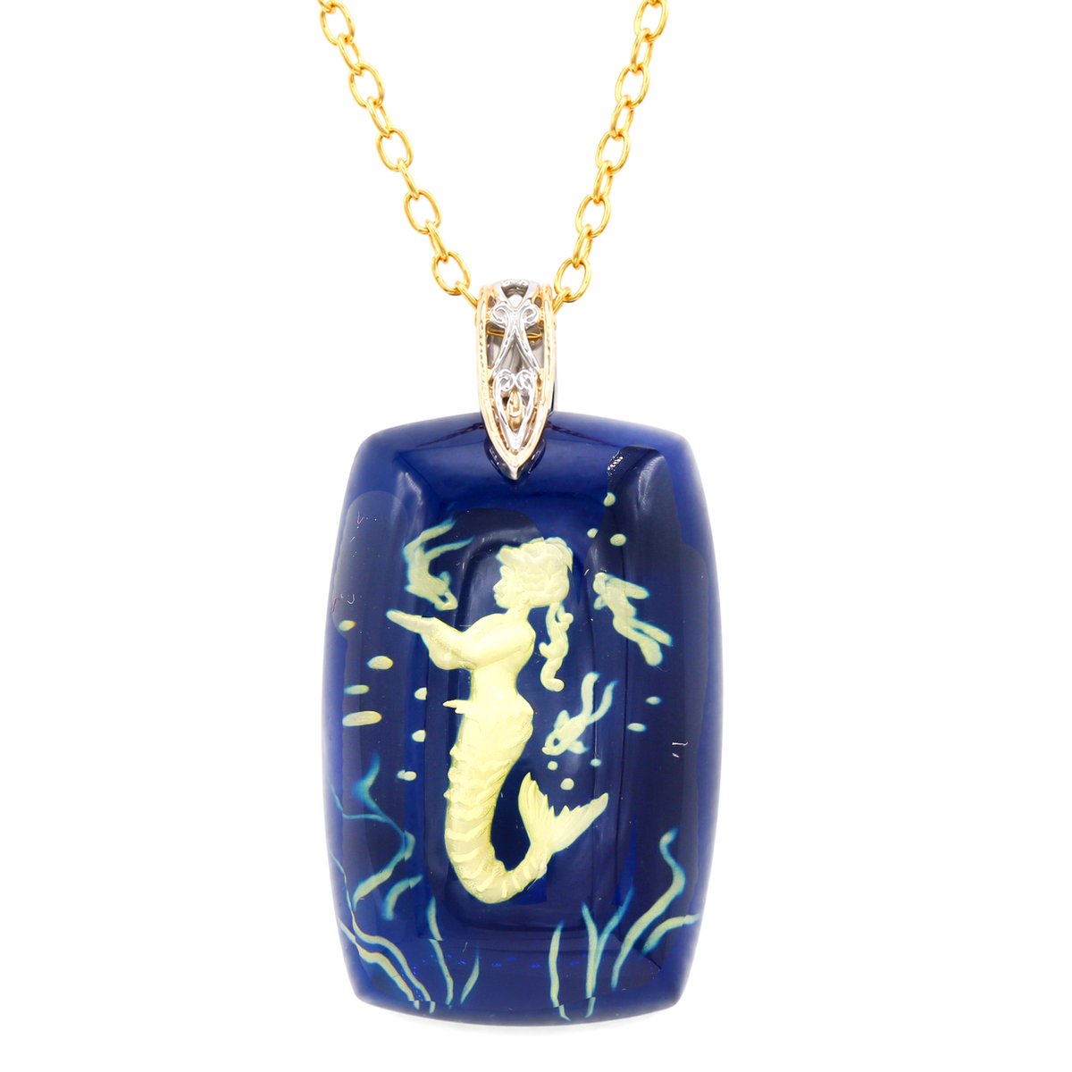Cavill - Zilveren Halsketting - 925 Sterling Zilver Verguld - Blauwe Barnsteen 16,101 ct - Antieke Cabochon - Zeemeerminhanger - Litouwse Sieraden