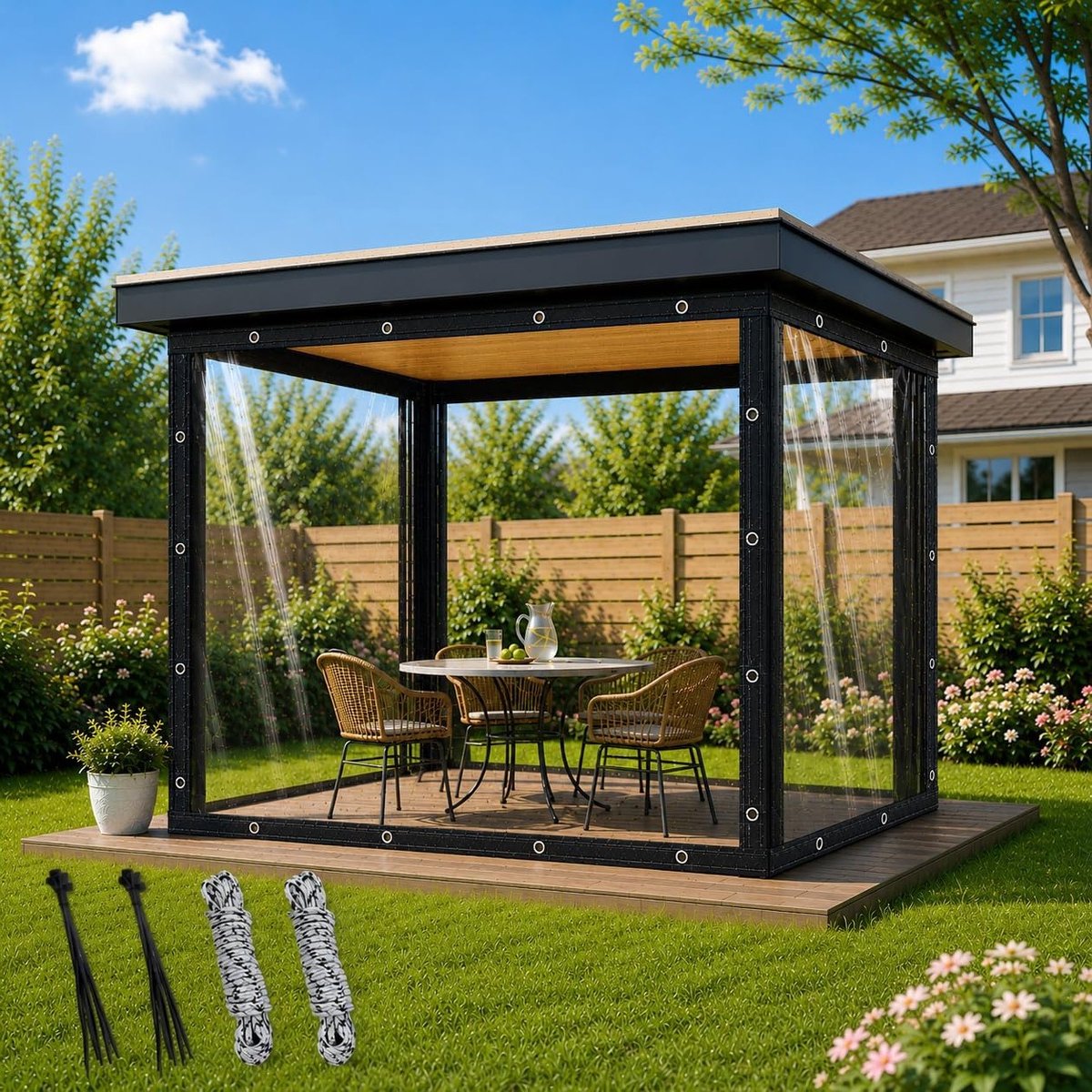 Afdekzeil voor buiten, 3 x 4 m, waterdicht PVC dekzeil met 20 kabelbinders en 10 m touw, ideaal voor terras, tuin en kas, 420 g/m² kwaliteit