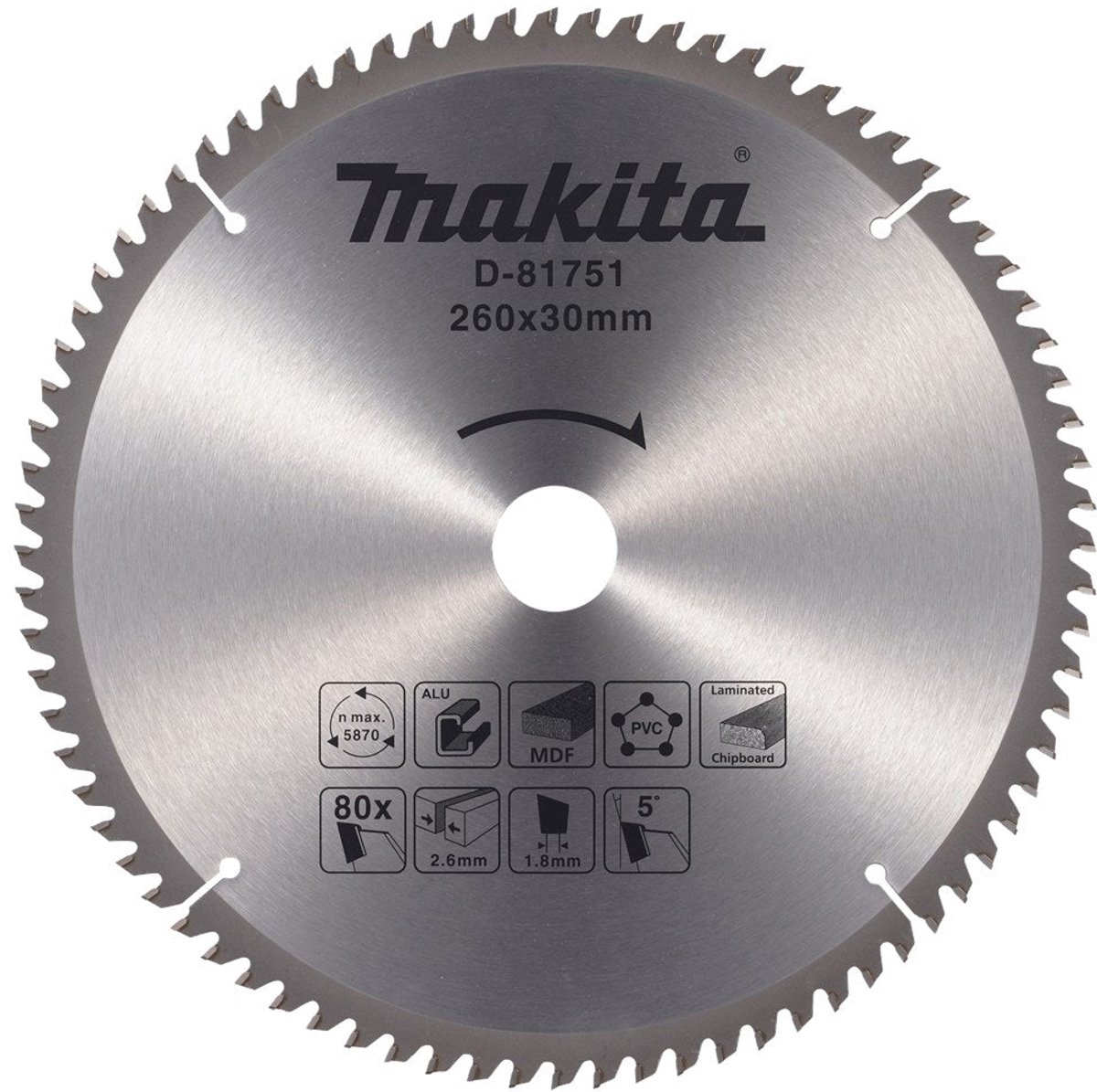 Makita D-81751 Afkortzaagblad diverse materialen | 260 x 30 mm | 80-tands